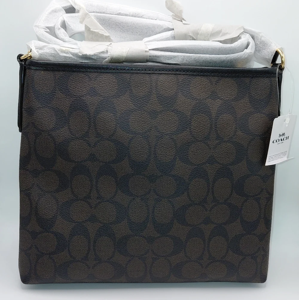 NWT Coach Signature Zip File Xbody Black Brown Coated Canvas F29210